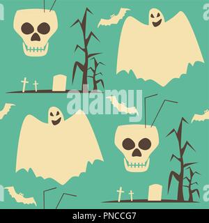 Hell Halloween party seamless pattern. Diabolical set of human skulls as goblets, evil ghosts, bats and lonely graves. Shabby retro colors Stock Vector