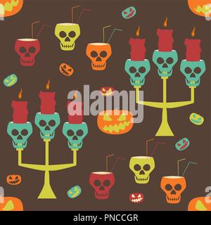 Halloween party seamless pattern. Evil pumpkins, human skulls as candlesticks and goblets with drinking straws. Crazy variegated vector illustration Stock Vector