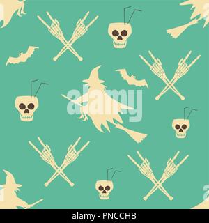 Hell Halloween party seamless pattern. Walpurgis Night. Human skulls as goblets, skeleton hands in rock and roll gesture, bats, witches Stock Vector