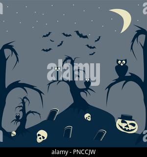 Halloween Night cartoon picture. Graves, grinning skulls and pumpkin on hill, owls on trees, flock of bats in starry sky Stock Vector