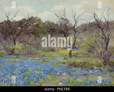 Early Spring--Bluebonnets and Mesquite. Date/Period: 1919. Painting. Oil on panel. Height: 22.2 cm (8.7 in); Width: 30.5 cm (12 in). Author: Julian Onderdonk. Stock Photo