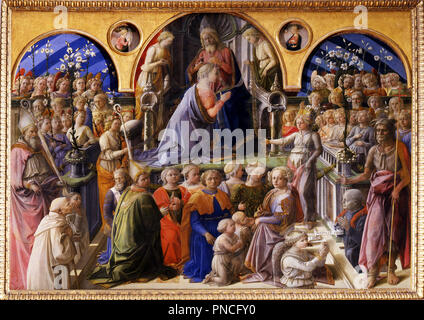 The Coronation of the Virgin. Date/Period: From 1439 until 1447. Altarpiece / panel painting. Tempera on panel. Height: 200 cm (78.7 in); Width: 287 cm (112.9 in). Author: Filippo Lippi. Fra Filippo Lippi. LIPPI, FRA FILIPPO. Stock Photo