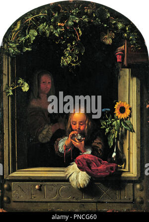 Boy Blowing Bubbles. Date/Period: 1663. Painting. Öl auf Kupfer. Height: 257 mm (10.11 in); Width: 184 mm (7.24 in). Author: Frans van Mieris the Elder. Stock Photo