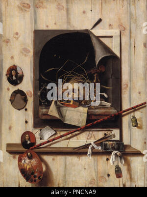Trompe l'oeil with Studio Wall and Vanitas Still Life. Date/Period: 1668. Painting. Oil on canvas. Height: 1,520 mm (59.84 in); Width: 1,180 mm (46.45 in). Author: CORNELIS NORBERTUS GYSBRECHTS. Gijsbrechts, Cornelis Norbertus. Stock Photo