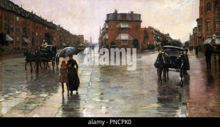 Rainy Day, Boston. Date/Period: 1885. Painting. Oil on canvas. Height: 663 mm (26.10 in); Width: 1,220 mm (48.03 in). Author: Childe Hassam. Hassam, Childe. Stock Photo