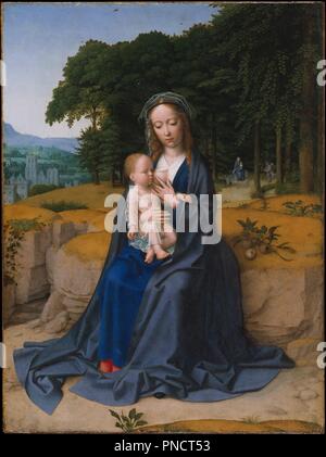 The Rest on the Flight into Egypt. Artist: Gerard David (Netherlandish, Oudewater ca. 1455-1523 Bruges). Dimensions: 20 x 17 in. (50.8 x 43.2 cm). Date: ca. 1512-15.    This composition presents the Flight into Egypt as a continuous narrative. In a tiny background scene the Holy Family emerges from the forest, en route to the contemporary Netherlandish town at the left. In the foreground Mary nurses the Child in a moment of repose on their arduous journey, which the viewer is visually meant to follow. David achieved in this painting a remarkable balance of color and a serene sense of light and Stock Photo