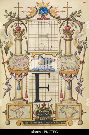 Guide for Constructing the Letter E. Date/Period: Ca. 1591 - 1596. Folio. Watercolors, gold and silver paint, and ink on parchment. Height: 166 mm (6.53 in); Width: 124 mm (4.88 in). Author: Joris Hoefnagel. Stock Photo