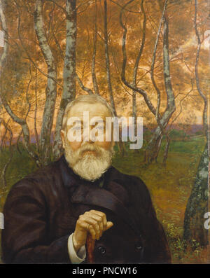 Self-portrait in front of a birch forest. Date/Period: 1899. Oil on canvas. Height: 91 cm (35.8 in); Width: 75.5 cm (29.7 in). Author: Hans Thoma. THOMA, HANS. Stock Photo