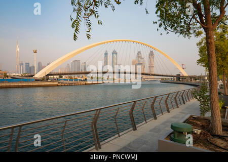View of Tolerance Bridge, a footbridge crossing the new Dubai Water Canal a waterway that connects into Dubai Creek and the sea. UAE, United Arab Emir Stock Photo