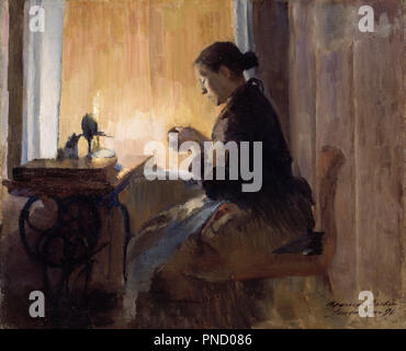 By Lamp Light. Date/Period: 1890. Painting. Olje på lerret oppklebet på treplate. Height: 36 cm (14.1 in); Width: 44 cm (17.3 in). Author: HARRIET BACKER. Stock Photo