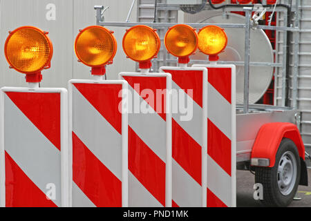 Road Works Barrier With Amber Beacon Lights Safety Stock Photo