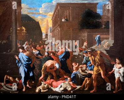 The Philistines attacked by the Plague at Ashdod by Nicolas Poussin (1594-1665), oil on canvas, copy or workshop painting after an original  from 1630. Stock Photo