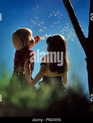 1970s 1980s BLOND BOY AND BRUNETTE GIRL HOLDING HANDS SITTING TOGETHER UNDER TREE BOY BLOWING BUBBLES INTO BLUE SKY - kj8746 PHT001 HARS BUSY NOSTALGIA BROTHER OLD FASHION SISTER 1 JUVENILE CUTE TEAMWORK JOY LIFESTYLE FEMALES BROTHERS MOODY RURAL GROWNUP HOME LIFE PEOPLE CHILDREN FRIENDSHIP HALF-LENGTH PERSONS INSPIRATION GROWN-UP CARING MALES BUBBLES SIBLINGS SISTERS HAPPINESS DISCOVERY MANUAL EXCITEMENT RECREATION INTO SIBLING STYLISH COOPERATION JUVENILES TOGETHERNESS CAUCASIAN ETHNICITY OLD FASHIONED Stock Photo