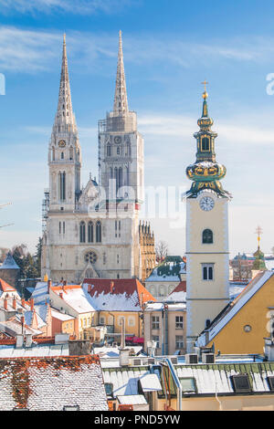 Panoramic view of cathedral in Zagreb, Croatia, from Upper town, winter, snow on roofs Stock Photo