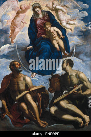 Mary with the Child, Venerated by St. Marc and St. Luke. Date/Period: Before 1570. Painting. On canvas. Height: 228 cm (89.7 in); Width: 160 cm (62.9 in). Author: Tintoretto. Stock Photo