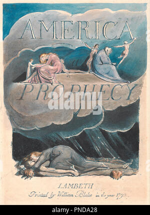 America. A Prophecy, Plate 2, Title Page. Date/Period: 1793. Print. Blue print, pen, black ink and watercolor on cream-colored paper (Color-printed relief etching in blue with pen and black ink and watercolor on moderately thick, slightly textured, cream wove paper). Height: 235 mm (9.25 in); Width: 165 mm (6.49 in). Author: William Blake. Stock Photo