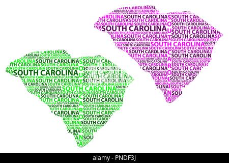 Sketch South Carolina (United States of America) letter text map, South Carolina map - in the shape of the continent, Map South Carolina - green and p Stock Vector
