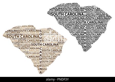 Sketch South Carolina (United States of America) letter text map, South Carolina map - in the shape of the continent, Map South Carolina - brown and b Stock Vector