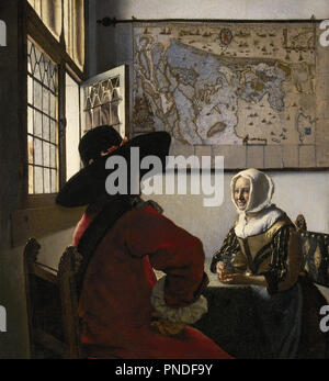 De Soldaat en het Lachende Meisje / Officer and Laughing Girl. Date/Period: Ca. 1657. Painting. Oil on canvas. Height: 50.5 cm (19.8 in); Width: 46 cm (18.1 in). Author: JOHANNES VERMEER. VERMEER, JOHANNES. Vermeer, Jan (Johannes). Stock Photo