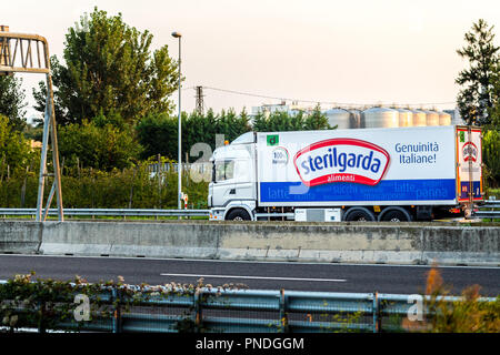FAENZA (RA), ITALY - SEPTEMBER 20, 2018: truck with STERILGARDA logo running on highway Stock Photo