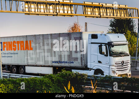 FAENZA (RA), ITALY - SEPTEMBER 20, 2018: truck with FINSTRAL logo running on highway Stock Photo