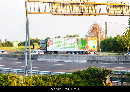 FAENZA (RA), ITALY - SEPTEMBER 20, 2018: truck with FRESHGURU  logo running on highway Stock Photo