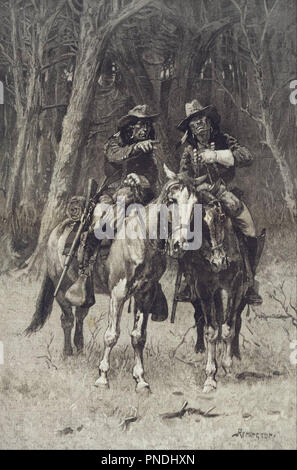 Cheyenne Scouts Patrolling the Big Timber of the North Canadian, Oklahoma. Date/Period: 1889. Wood engraving on newsprint. Width: 40.6 cm. Height: 55.9 cm (sheet). Author: Frederic Remington. Stock Photo