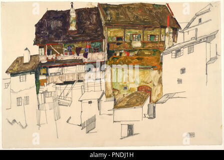 Old Houses in Krumau, 1914. Date/Period: 1914. Brush, body color, pencil on Japan paper. Author: EGON SCHIELE. SCHIELE, EGON. Stock Photo