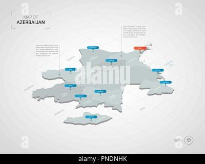 Isometric  3D Azerbaijan map. Stylized vector map illustration with cities, borders, capital, administrative divisions and pointer marks; gradient bac Stock Vector