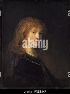 Saskia van Uylenburgh, the Wife of the Artist. Date/Period: Probably begun 1634/1635 and completed 1638/1640. Painting. Oil on panel. Height: 60.50 mm (2.38 in); Width: 49 mm (1.92 in). Author: REMBRANDT, HARMENSZOON VAN RIJN. Rembrandt van Rhijn. Stock Photo