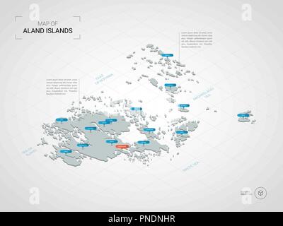 Isometric  3D Aland Islands map. Stylized vector map illustration with cities, borders, capital, administrative divisions and pointer marks; gradient  Stock Vector