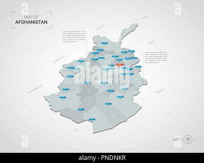 Isometric  3D Afghanistan map. Stylized vector map illustration with cities, borders, capital, administrative divisions and pointer marks; gradient ba Stock Vector