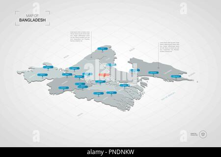Isometric  3D Bangladesh map. Stylized vector map illustration with cities, borders, capital, administrative divisions and pointer marks; gradient bac Stock Vector