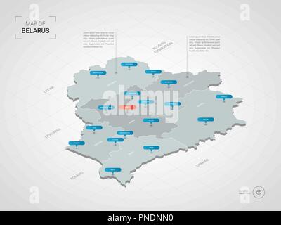 Isometric  3D Belarus map. Stylized vector map illustration with cities, borders, capital, administrative divisions and pointer marks; gradient backgr Stock Vector