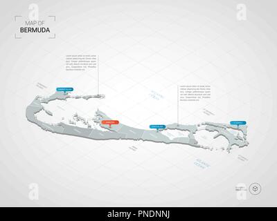Isometric  3D Bermuda map. Stylized vector map illustration with cities, borders, capital, administrative divisions and pointer marks; gradient backgr Stock Vector