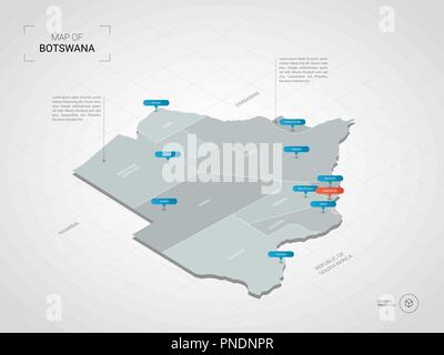 Isometric  3D Botswana map. Stylized vector map illustration with cities, borders, capital, administrative divisions and pointer marks; gradient backg Stock Vector