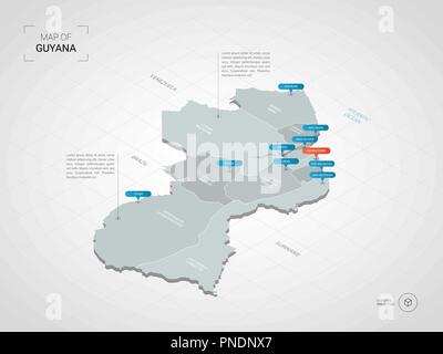 Isometric  3D Guyana map. Stylized vector map illustration with cities, borders, capital, administrative divisions and pointer marks; gradient backgro Stock Vector