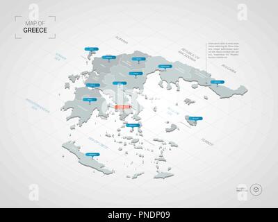 Isometric  3D Greece map. Stylized vector map illustration with cities, borders, capital, administrative divisions and pointer marks; gradient backgro Stock Vector