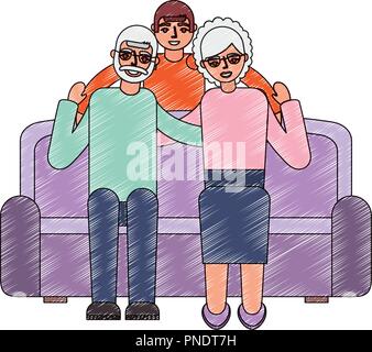 grandparents couple in the sofa with grandson Stock Vector