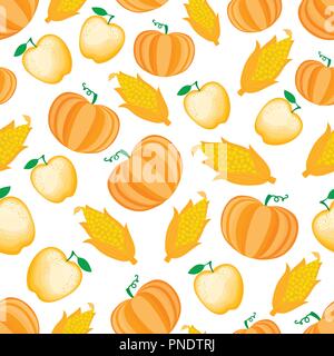 Cartoon Corncob and apple pumpkin seamless pattern. Vector ilustration isolated on white background. Stock Vector