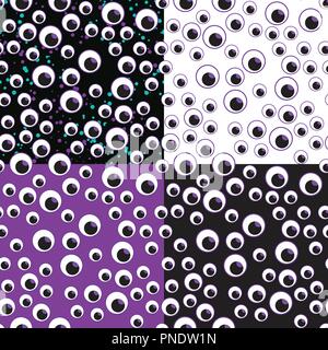 Vector illustration Many eyes seamless pattern. Happy Halloween design for children. On a black, white and purple background. Stock Vector