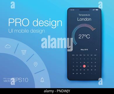 Weather Mobile UI kit. Material Design UI, UX, GUI. Responsive web design Stock Vector