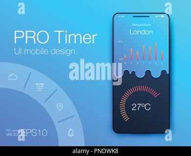 Weather Mobile UI kit. Material Design UI, UX, GUI. Responsive web design Stock Vector