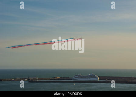 Patrouille de France flypast over English Channel and Port of Dover to commemorate the centenary of the cross channel flight by Louis Bleriot in 1909 Stock Photo