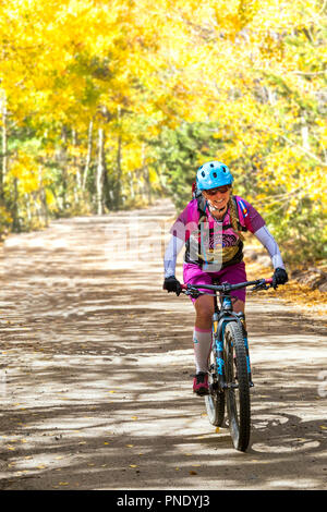 Female mountain biker descends famous Monarch Crest Trail on Marshall Pass Road, riding in a fund raiser for the Alliance Against Domestic Abuse Stock Photo