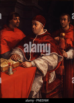 Ritratto di Leone X coi cardinali Giulio de' Medici e Luigi de' Rossi / Portrait of Pope Leo X with Cardinals Giulio de' Medici and Luigi de' Rossi. Date/Period: Ca. 1518. Painting. Oil on panel. Height: 155.5 cm (61.2 in); Width: 119.5 cm (47 in). Author: RAPHAEL. Raphael (Raffaello Sanzio da Urbino). Stock Photo