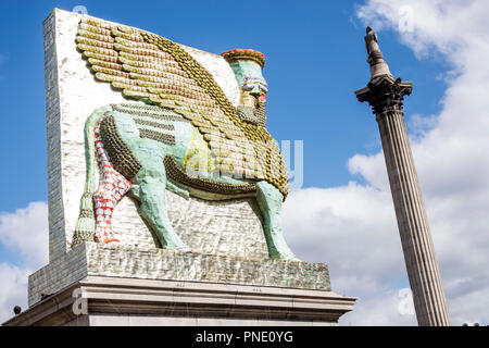 London England,UK,Trafalgar Square,Fourth plinth,public art,artwork,sculpture,The Invisible Enemy Should Not Exist,Michael Rakowitz,replica of Lamassu Stock Photo