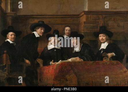 The Syndics of the Amsterdam Drapers' Guild, known as the 'Sampling Officials'. Date/Period: 1662. Painting. Oil on canvas. Height: 191.5 cm (75.3 in); Width: 279 cm (109.8 in). Author: REMBRANDT, HARMENSZOON VAN RIJN. REMBRANDT HARMENSZOON VAN RIJN. Rembrandt van Rhijn. Stock Photo