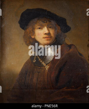 Tronie of a Young Man in a Gorget and Cap. Date/Period: Ca. 1639. Painting. Oil on panel. Height: 62.5 cm (24.6 in); Width: 54 cm (21.2 in). Author: REMBRANDT, HARMENSZOON VAN RIJN. REMBRANDT HARMENSZOON VAN RIJN. Rembrandt van Rhijn. Stock Photo