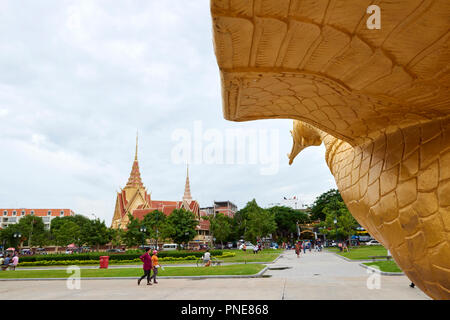 Gilt statue of Hang Meas, the sacred golden bird, in Botum Park, Phnom Penh, Cambodia. Stock Photo